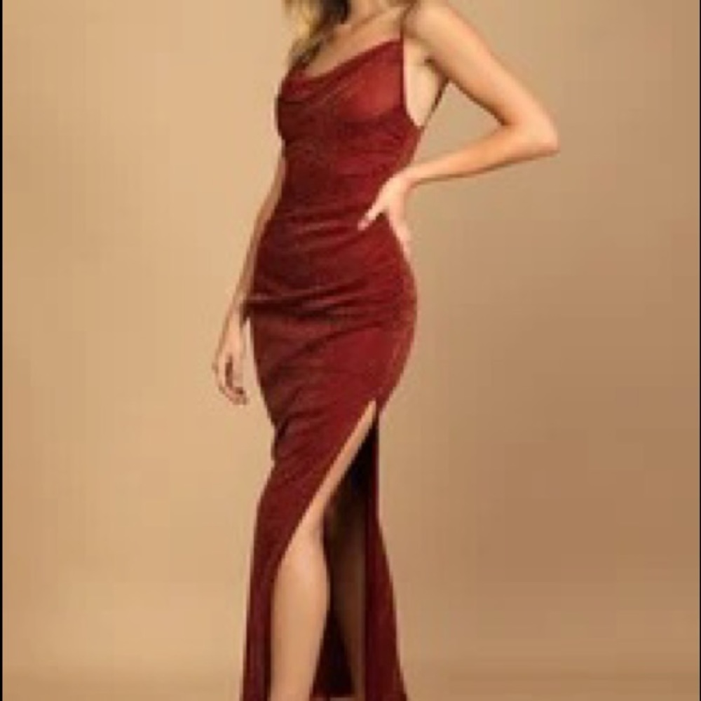 Lulus Next Please Gold and Burgundy Cowl Neck Bodycon Dress